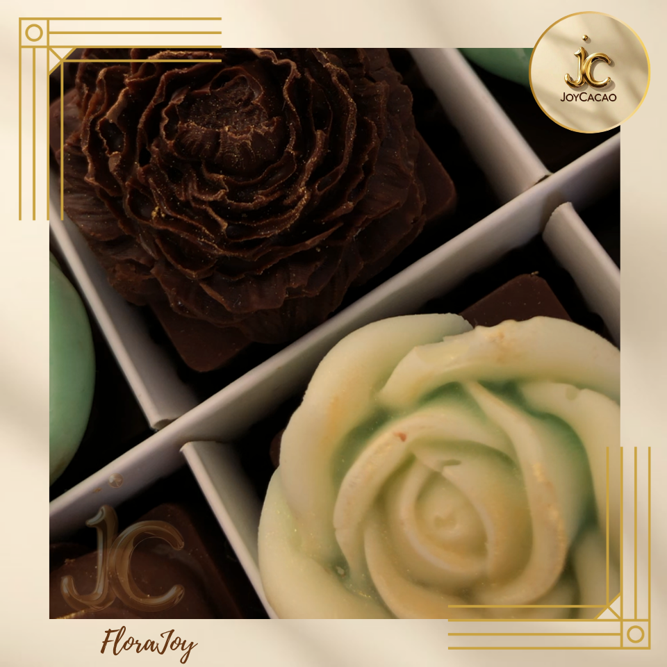 Flora Joy chocolat artisanal farci noisette, caramel ou fruits secs – fleur décorative JoyCacao