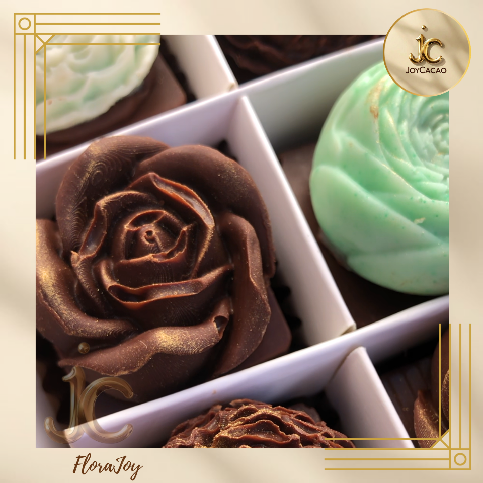 Flora Joy chocolat artisanal farci noisette, caramel ou fruits secs – fleur décorative JoyCacao