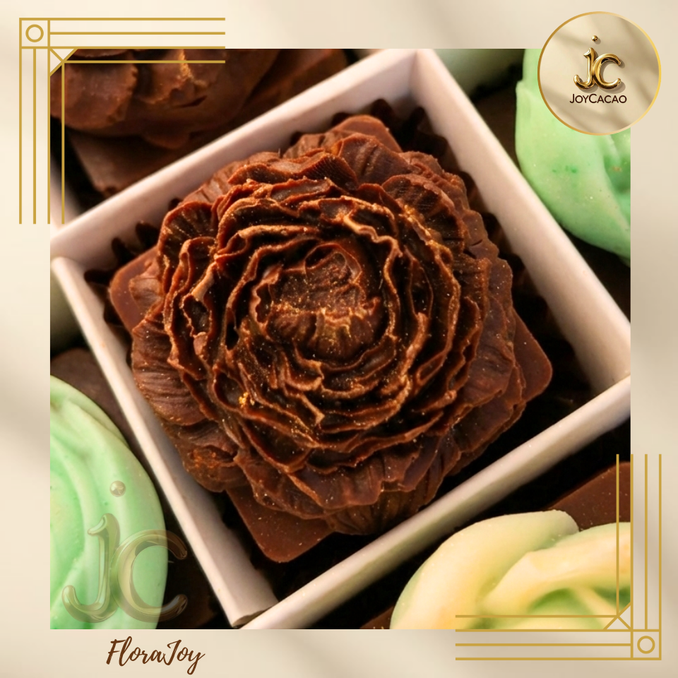 Flora Joy chocolat artisanal farci noisette, caramel ou fruits secs – fleur décorative JoyCacao