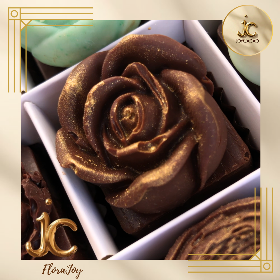Flora Joy chocolat artisanal farci noisette, caramel ou fruits secs – fleur décorative JoyCacao