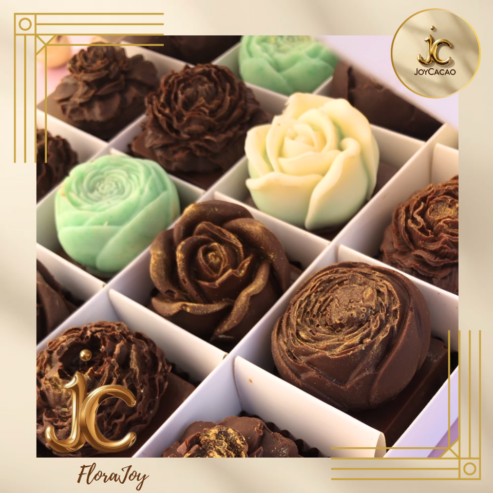 Flora Joy chocolat artisanal farci noisette, caramel ou fruits secs – fleur décorative JoyCacao