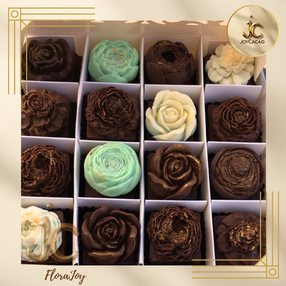 Flora Joy chocolat artisanal farci noisette, caramel ou fruits secs – fleur décorative JoyCacao