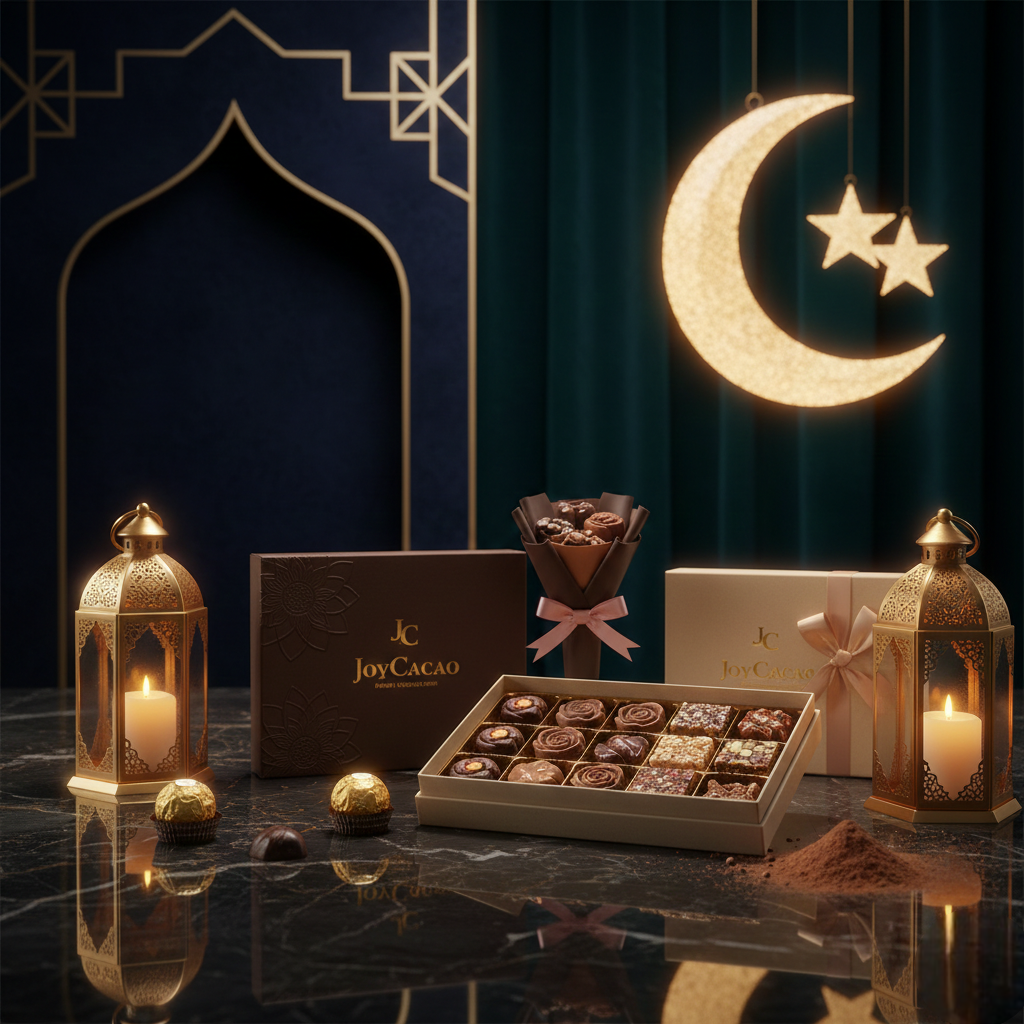 Coffret chocolat artisanal JoyCacao présenté sur table Iftar lumineuse en famille pendant Ramadan